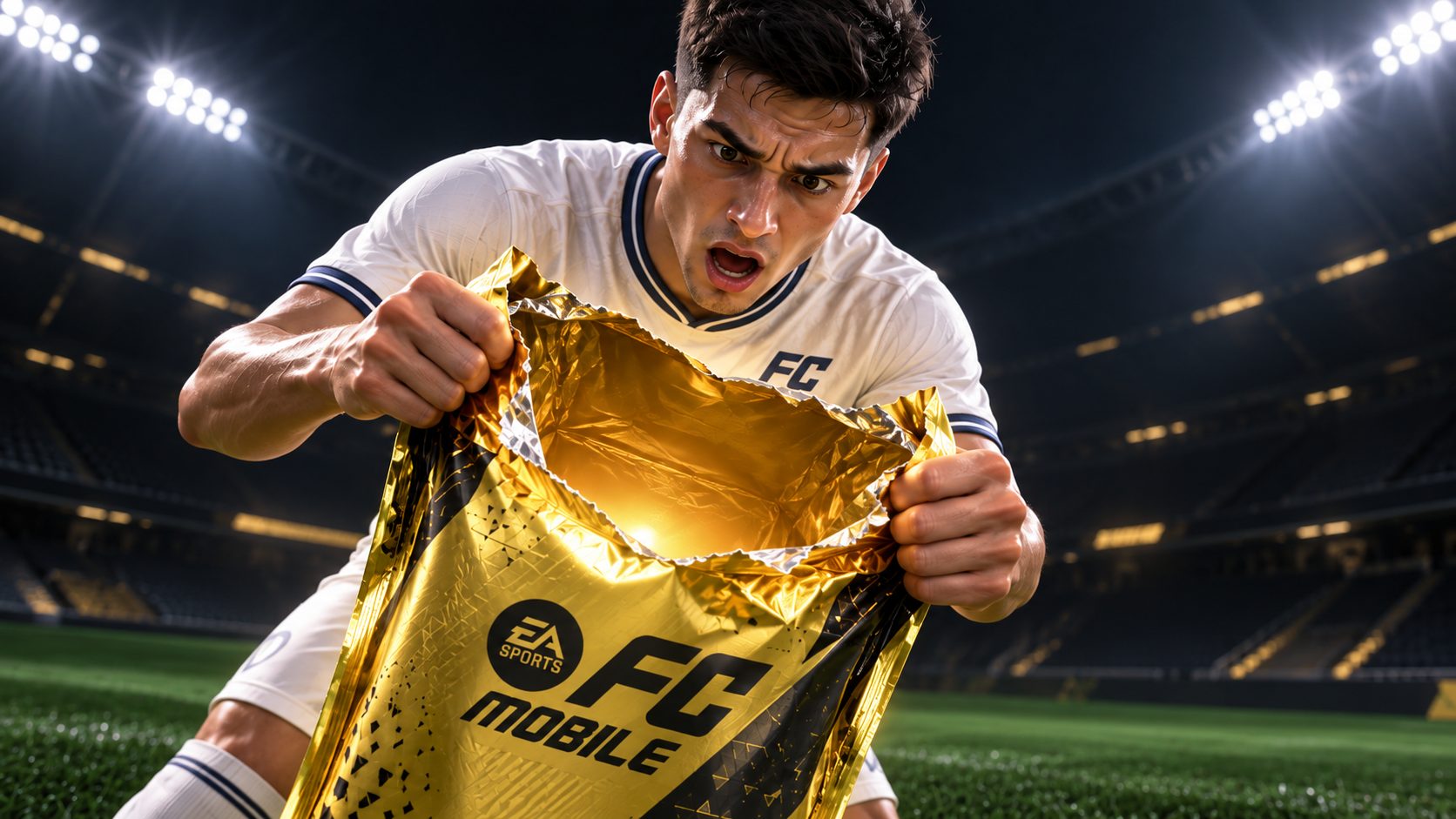 Futbolista de FC Mobile abriendo un sobre dorado vacío en un estadio iluminado