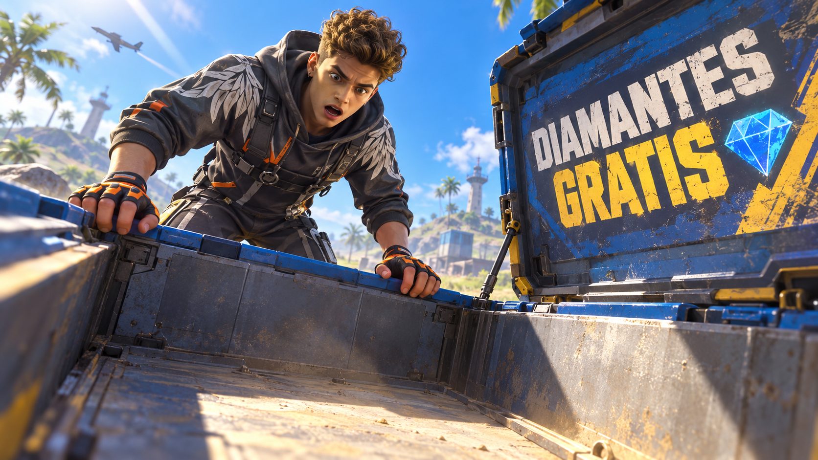 Superviviente de Free Fire mira una caja de suministros vacía con el cartel DIAMANTES GRATIS