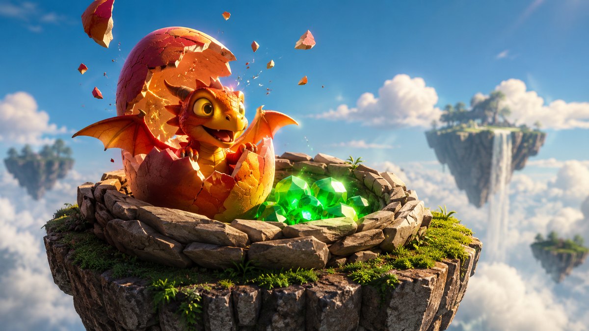 Huevo de dragón de Dragon City rompiéndose en un nido de piedra de una isla flotante con un montoncito de gemas verdes al lado