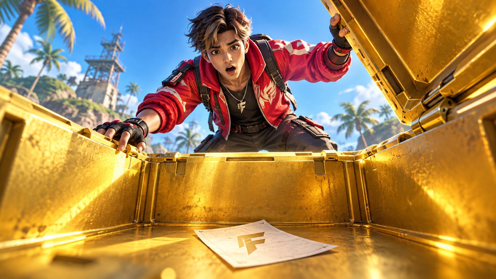 Superviviente de Free Fire sorprendido ante un cofre de suministros dorado vacío con una hoja de papel dentro