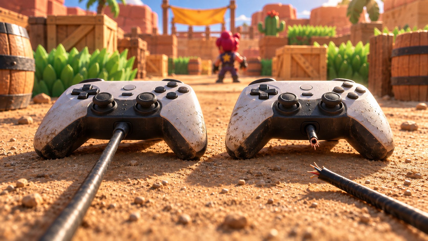 Dos mandos en una arena de Brawl Stars, uno con el cable conectado y otro con el cable cortado
