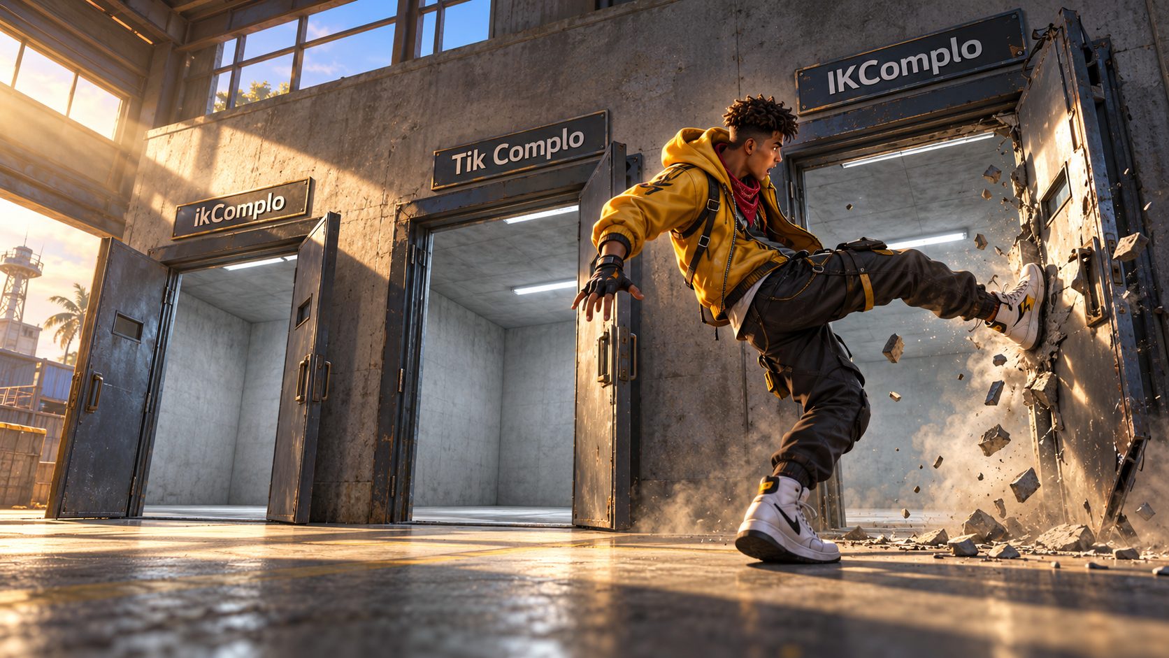 Superviviente de Free Fire abre de una patada tres puertas de acero con los nombres ikComplo, Tik Complo e IKComplo y todas dan a salas vacías