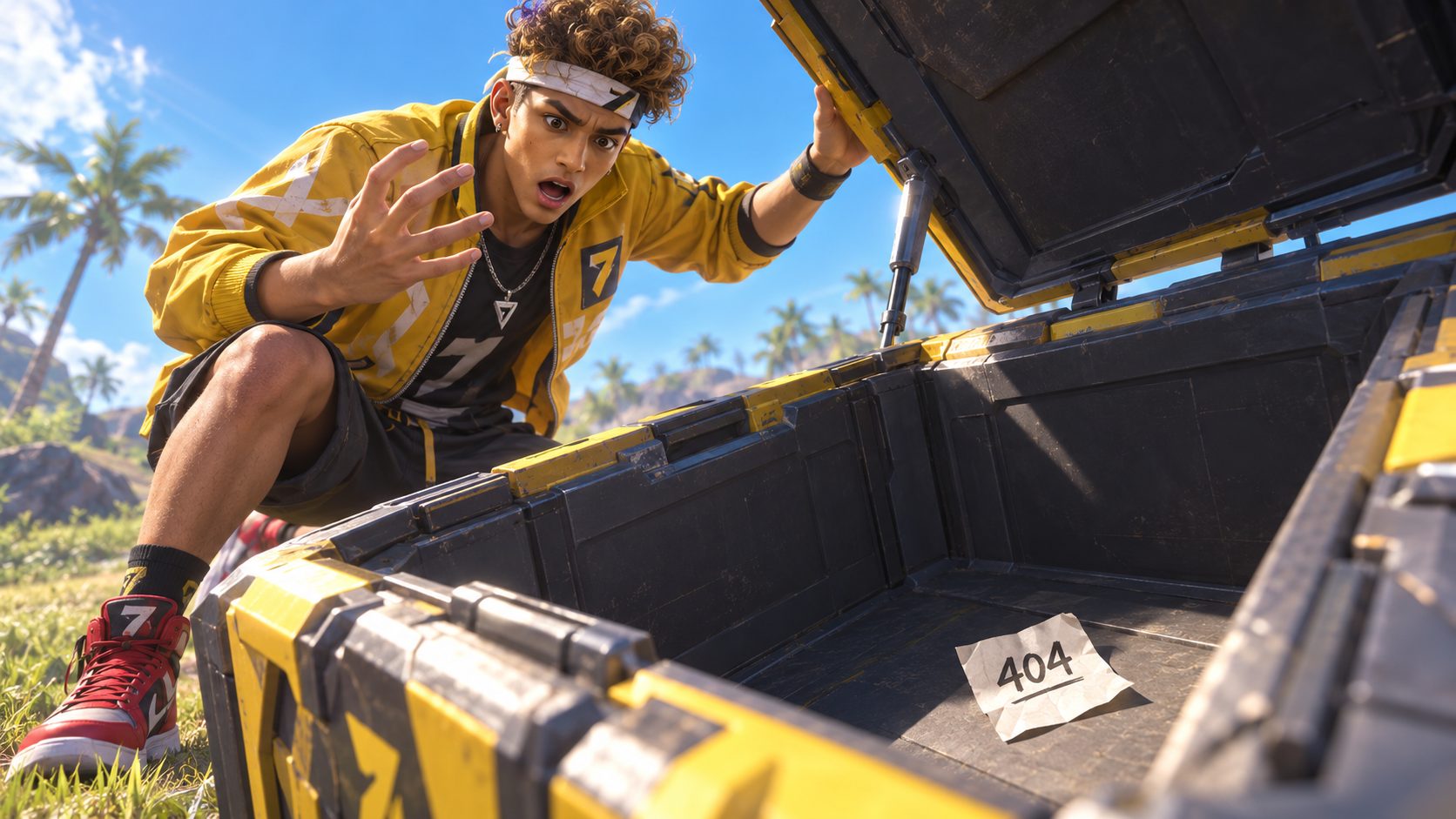Superviviente de Free Fire sorprendido ante una caja de suministros vacía con una nota que dice 404