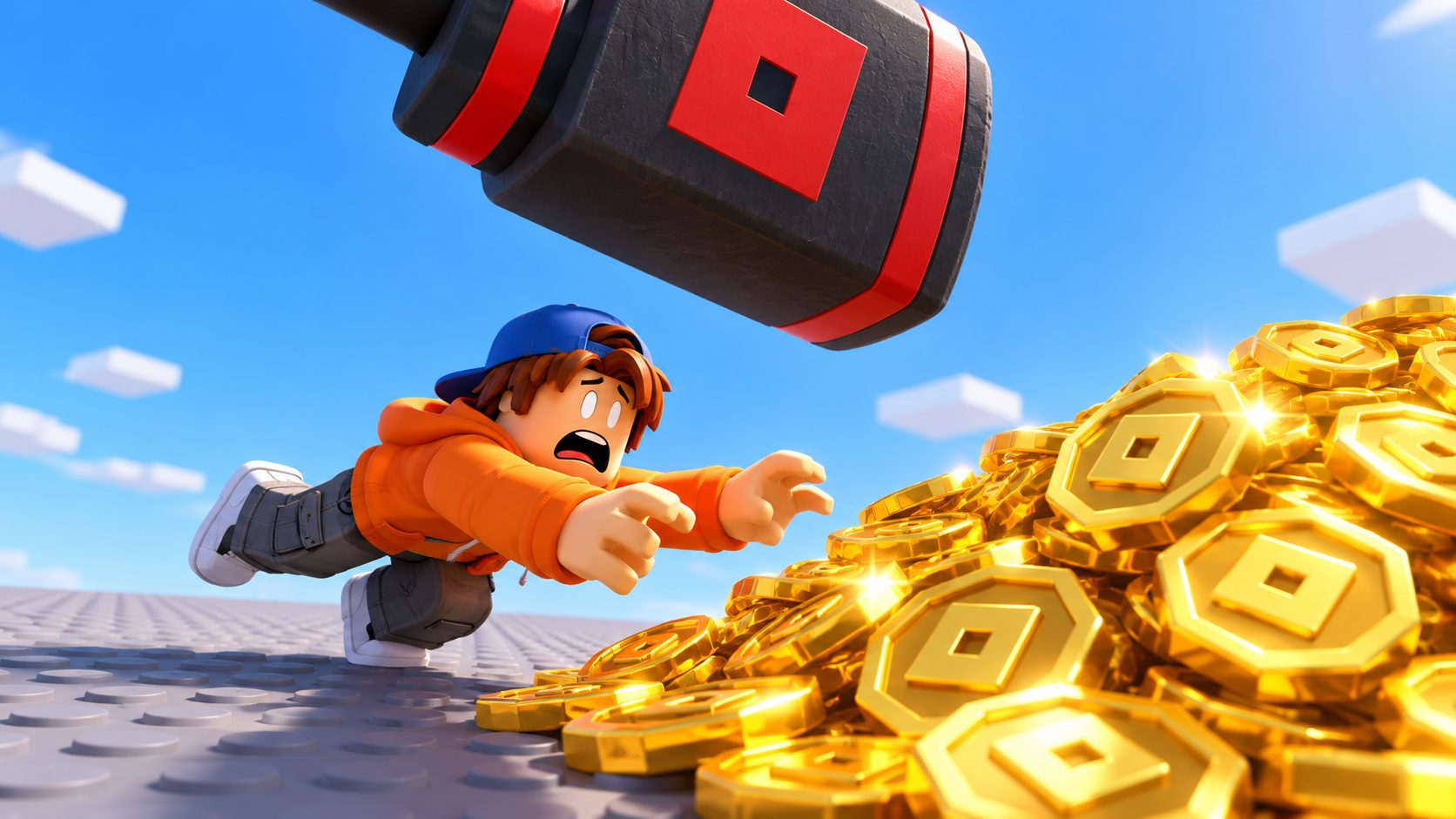 Avatar de Roblox lanzándose a por una pila de Robux mientras cae un martillo de baneo