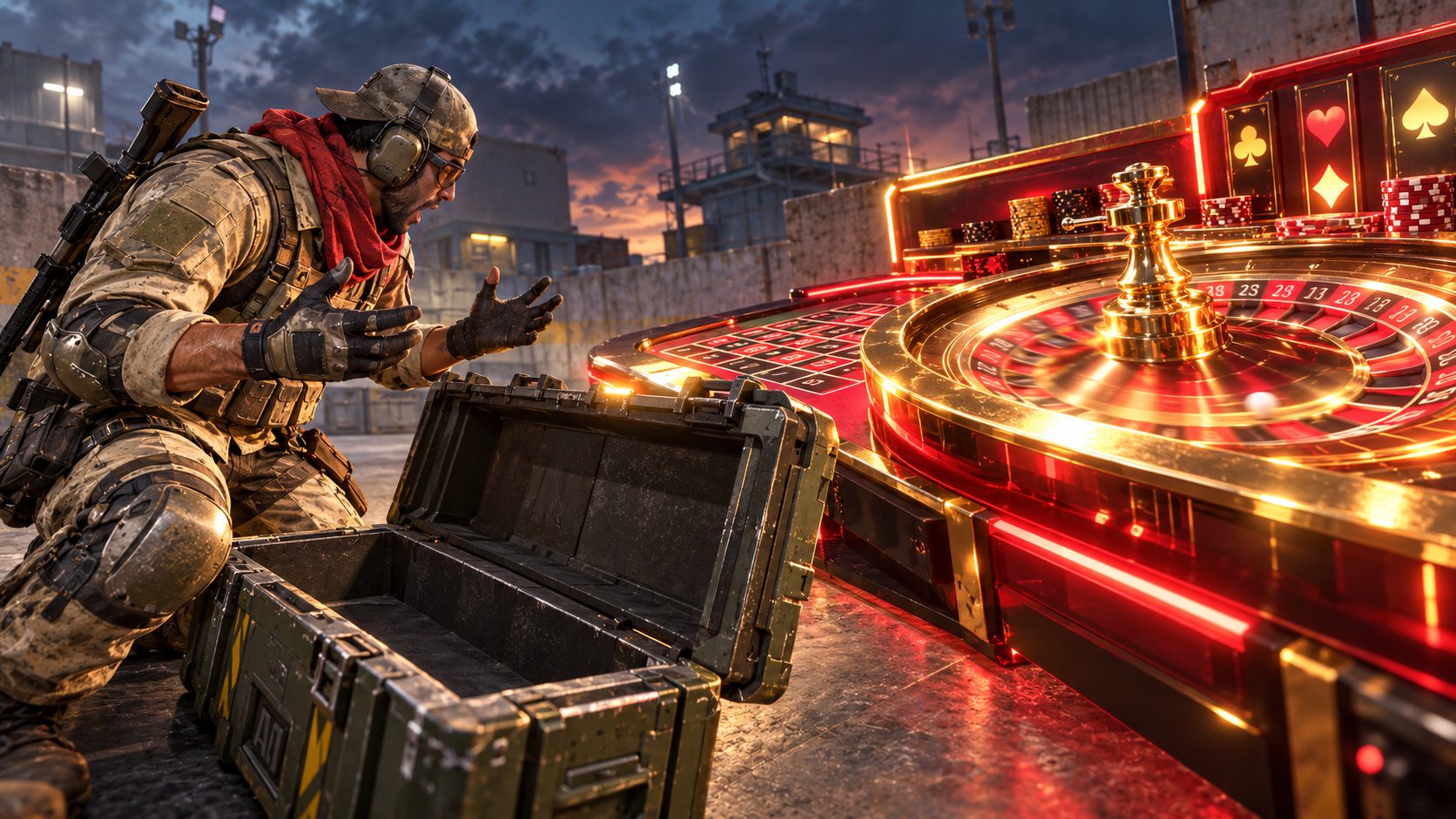 Soldado de Blood Strike junto a una caja vacía y una ruleta de casino con luces rojas y doradas