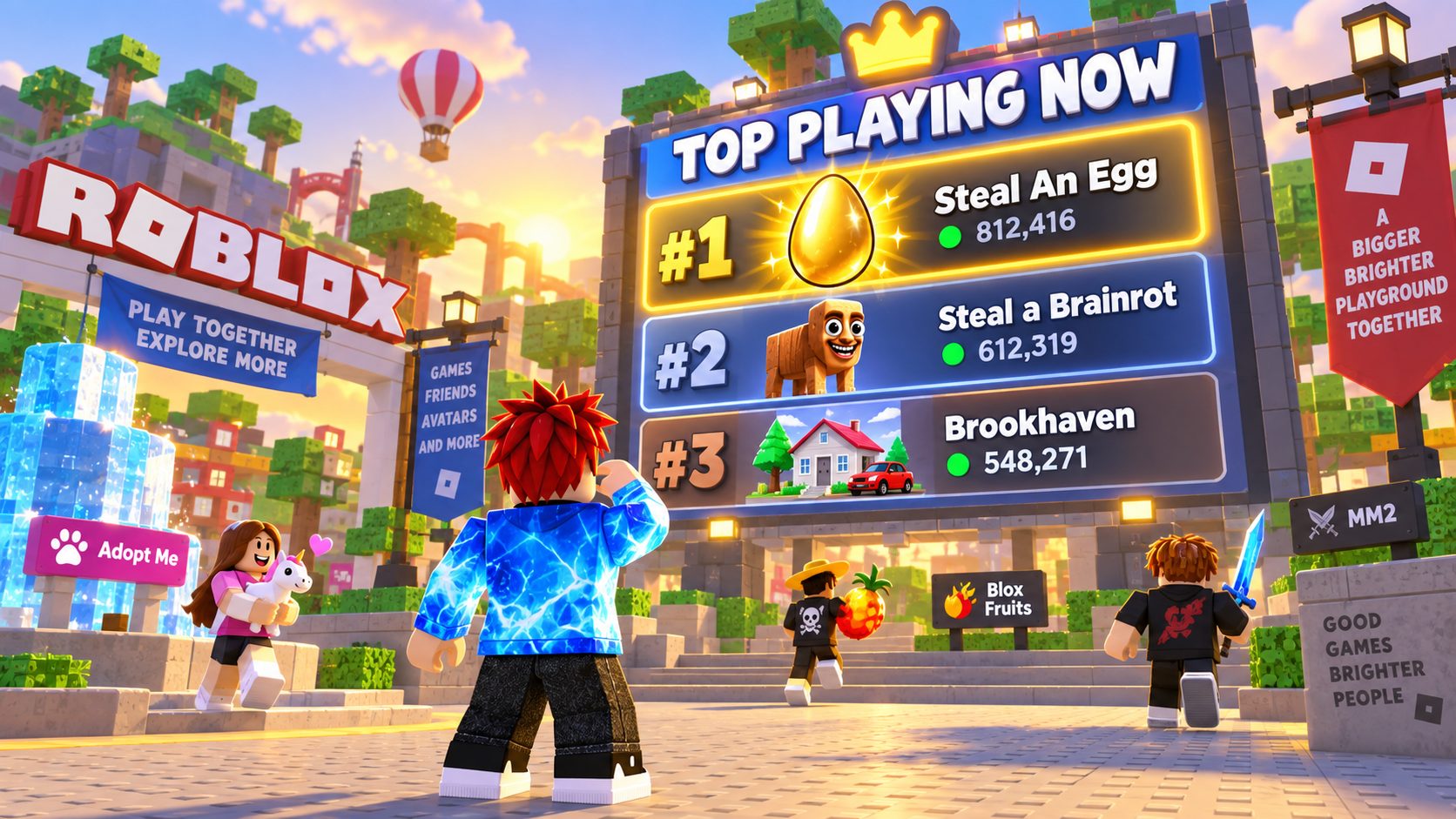 Avatar de Roblox mirando el ranking de los juegos mas jugados con Steal An Egg en primer lugar