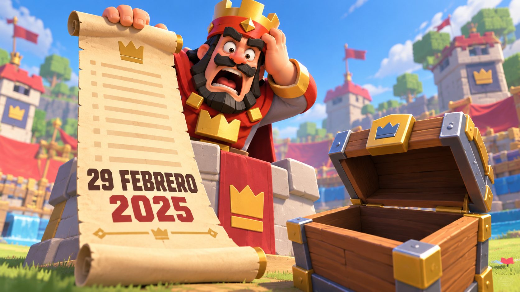 Rey de Clash Royale con un pergamino de códigos que caducan el 29 de febrero de 2025 y un cofre vacío