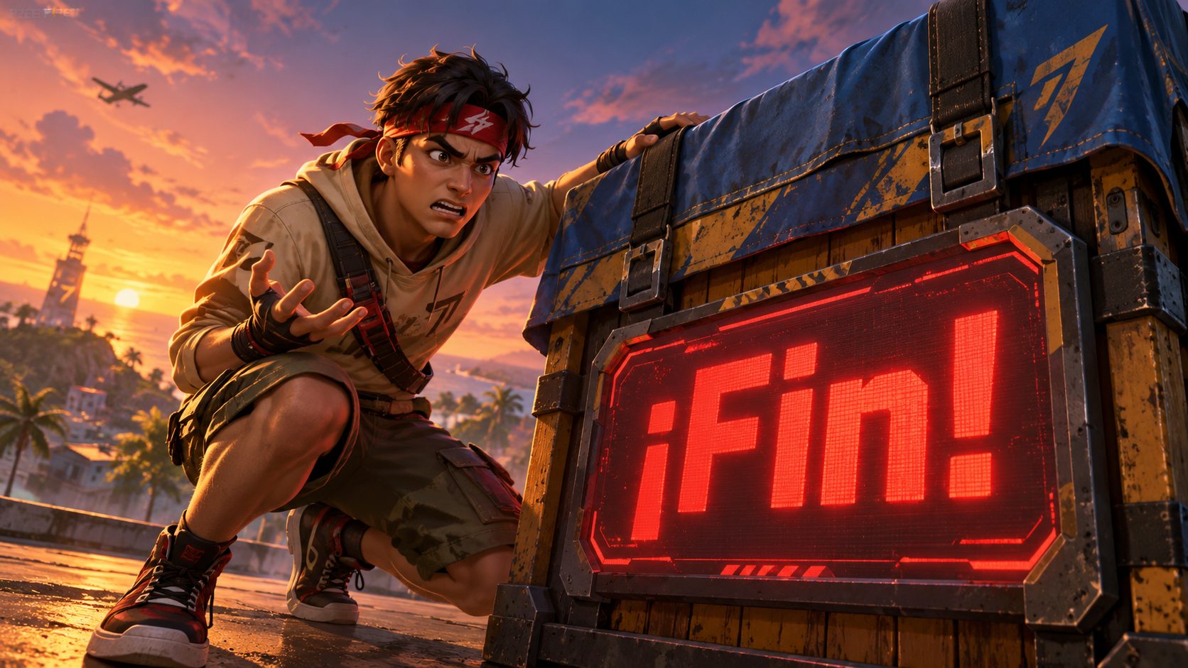 Superviviente de Free Fire junto a una caja cerrada con una cuenta atrás que marca «¡Fin!», por kutitrucos