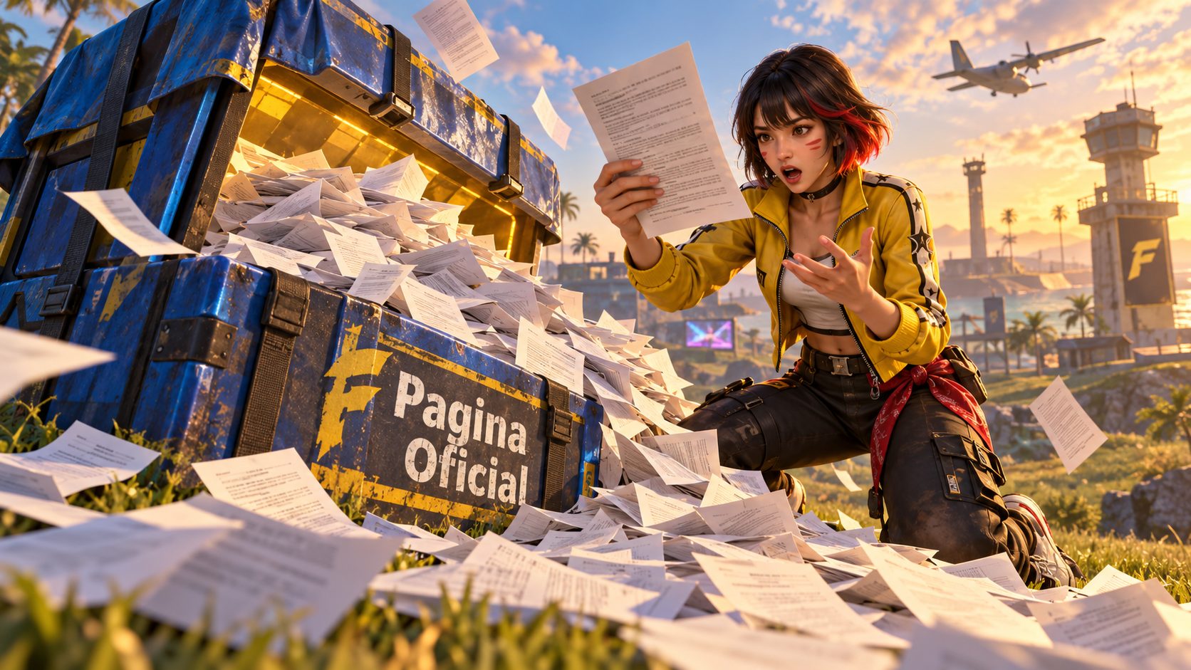 Superviviente de Free Fire sorprendido junto a una caja de suministros llena de hojas de papel en lugar de diamantes
