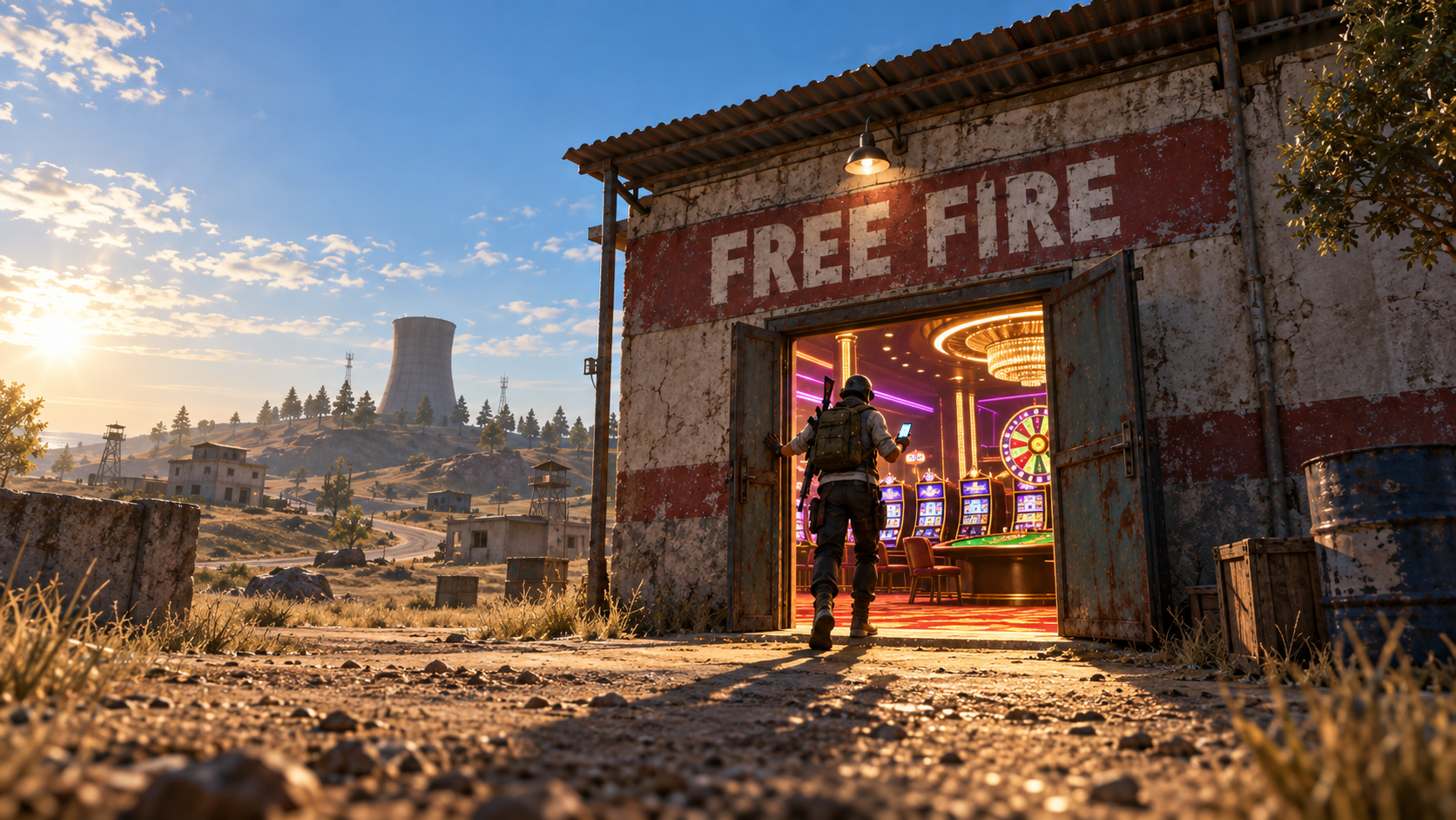 Jugador de Free Fire entrando en un local rotulado Free Fire con una sala de apuestas iluminada dentro