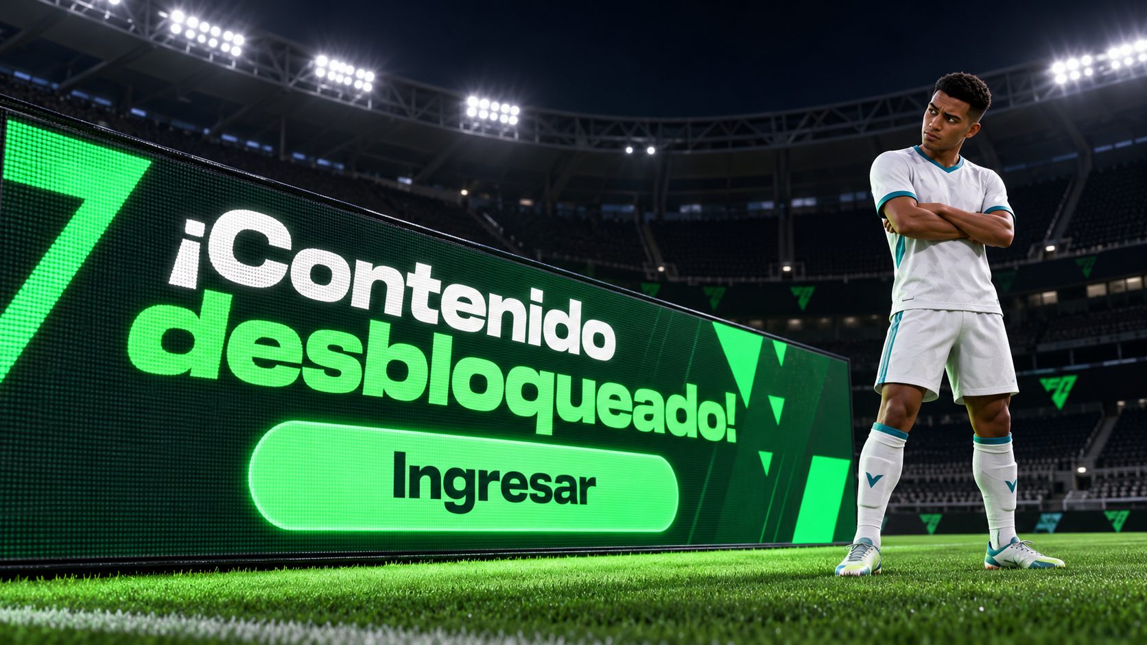 Futbolista de FC Mobile frente a un panel de estadio con el botón Ingresar de Macitropa