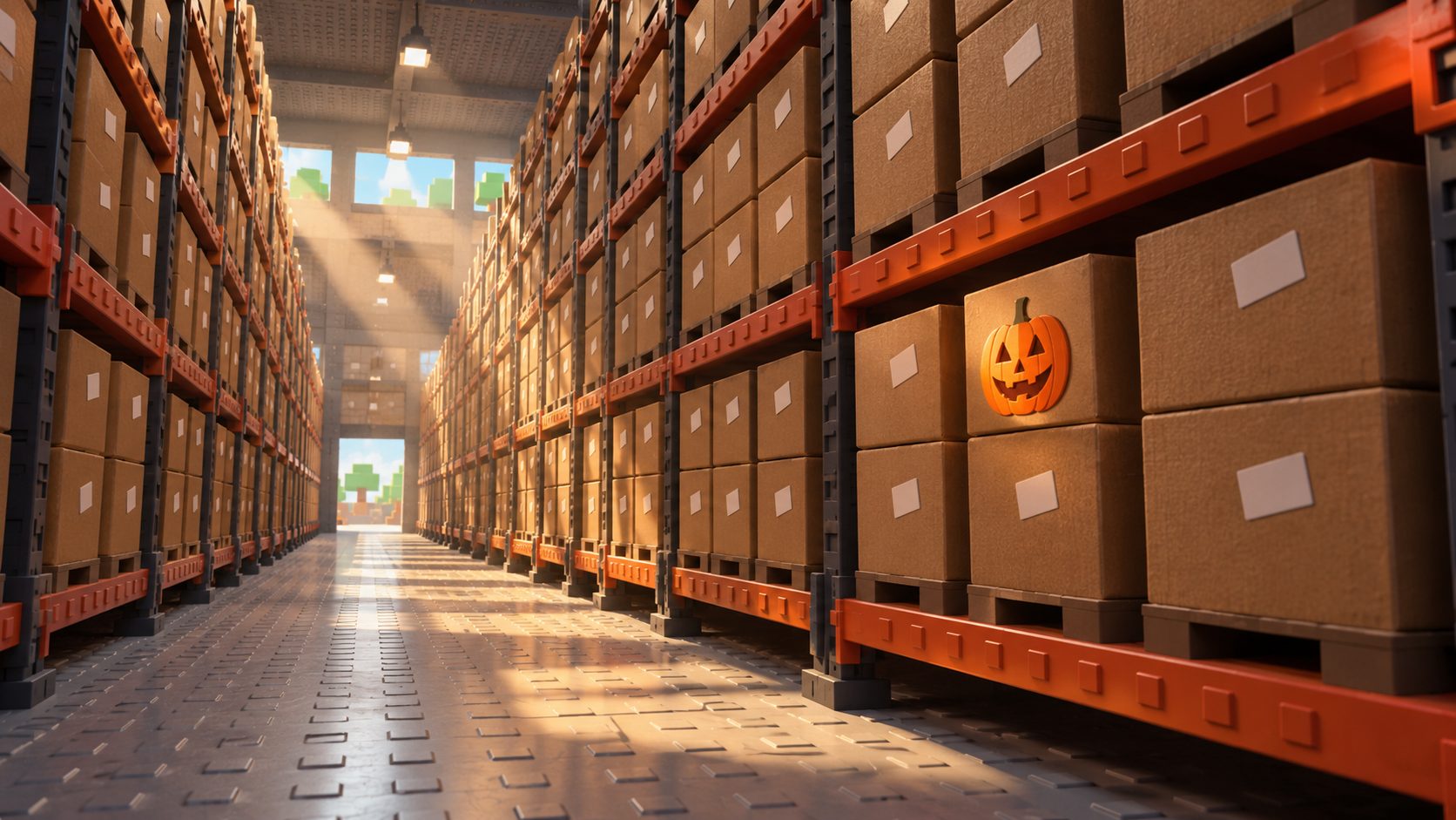 Almacén de cajas idénticas apiladas con una caja de calabaza entre ellas