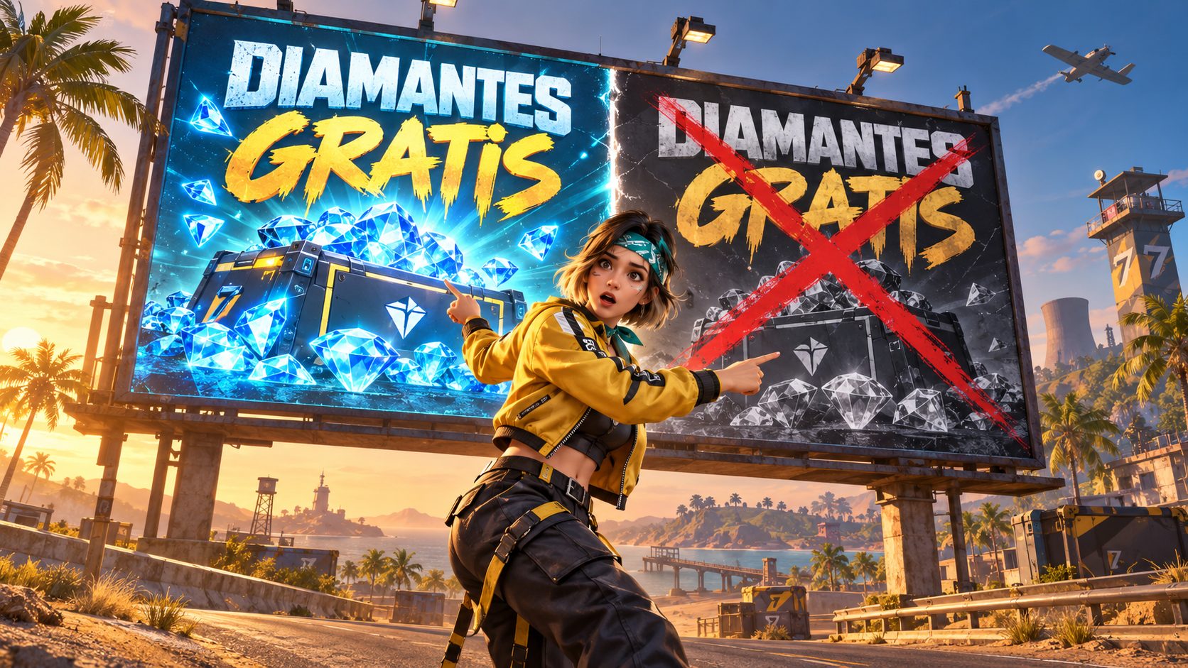 Superviviente de Free Fire ante un cartel de diamantes gratis partido en dos, con una mitad tachada