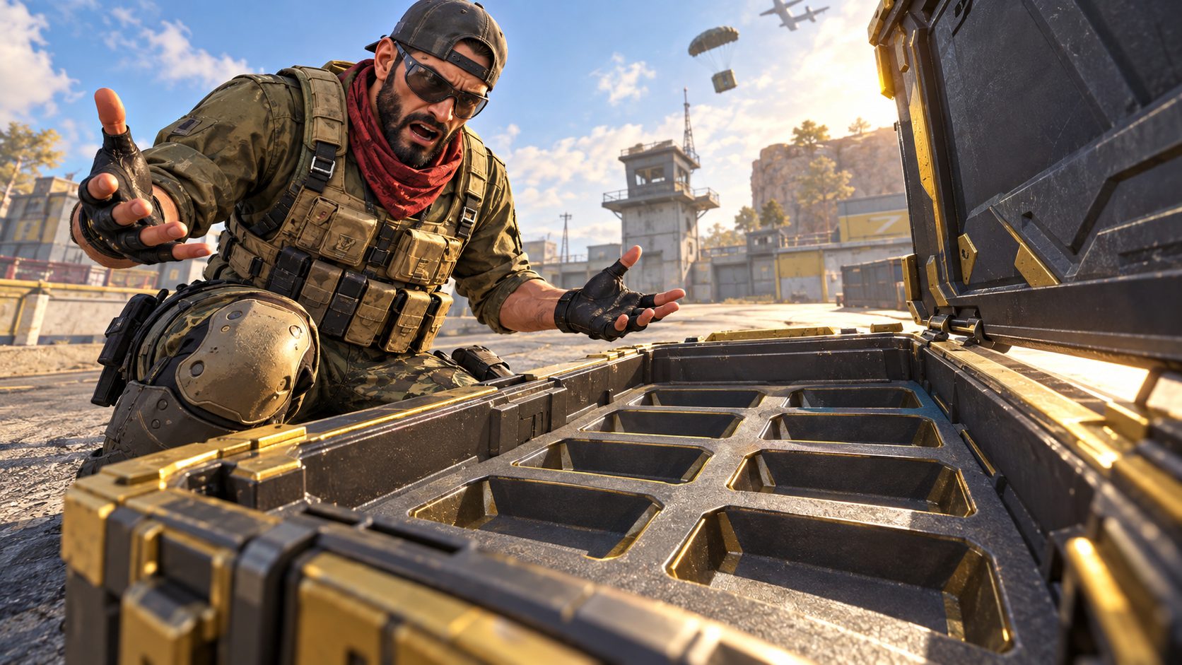 Soldado de Blood Strike ante una caja de suministros vacía de barras de oro
