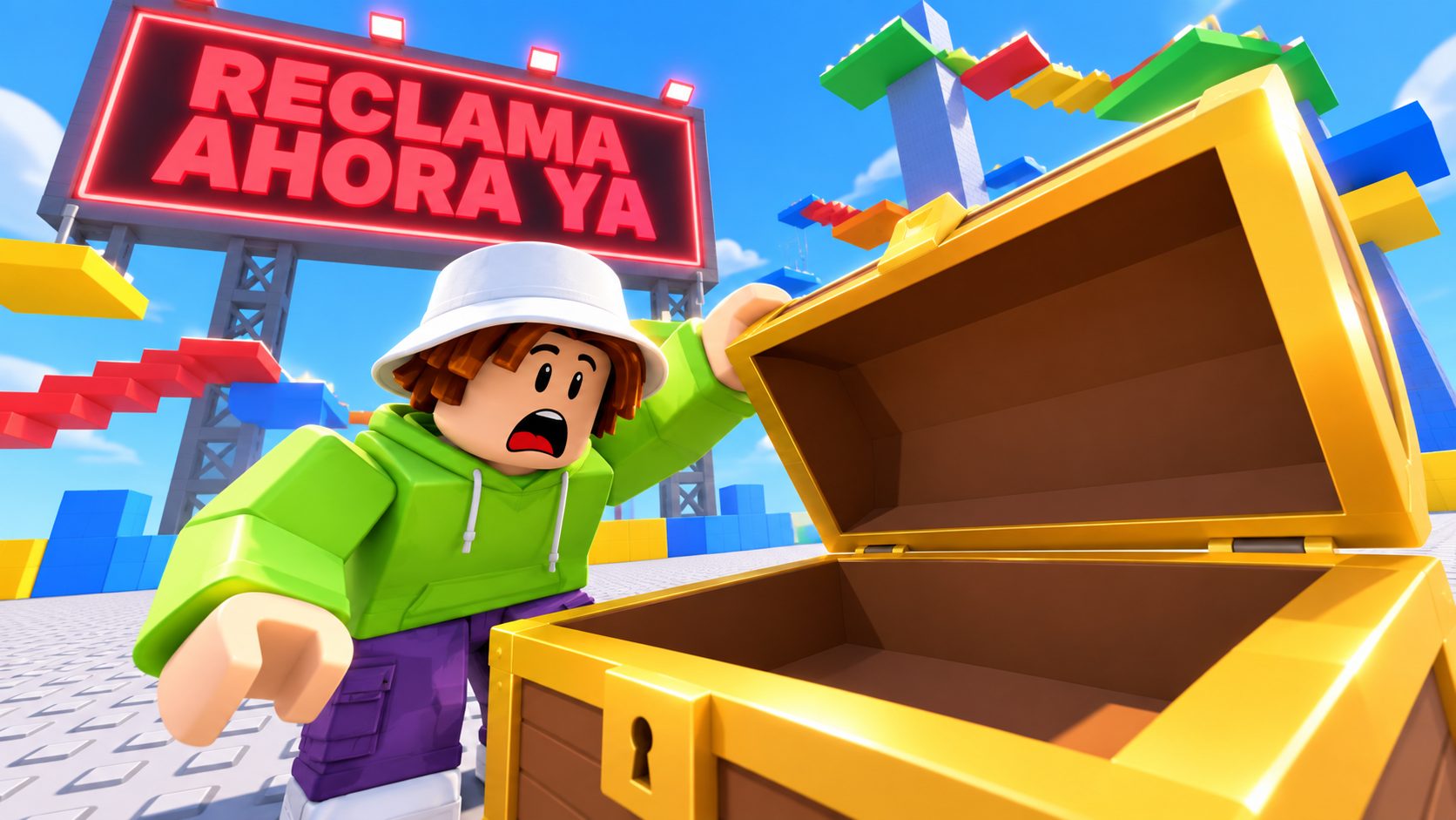 Avatar de Roblox sorprendido ante un cofre del tesoro vacío y un cartel de neón que dice RECLAMA AHORA YA