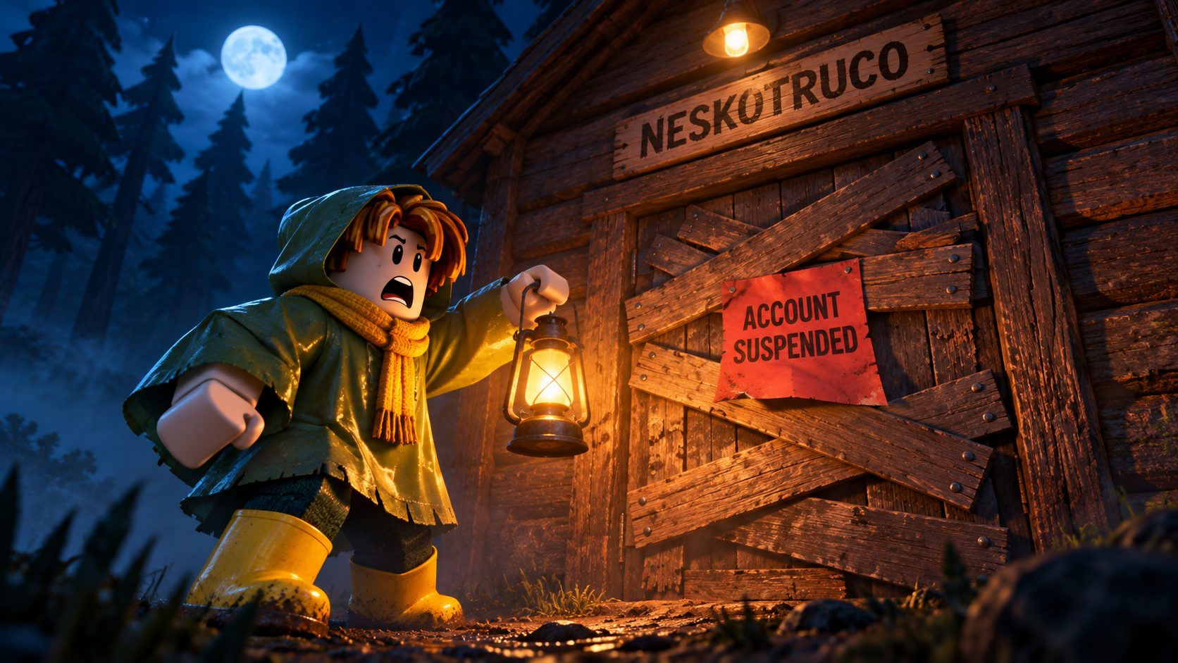 Avatar de Roblox con un farol ante una cabaña tapiada con el cartel de Neskotruco y un aviso de cuenta suspendida en el bosque de 99 Noches