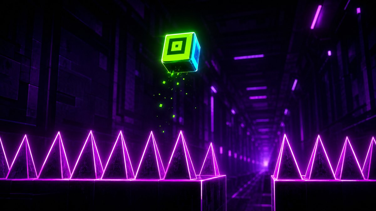 Cubo de neón de Geometry Dash congelado en lo alto de su salto entre dos hileras de pinchos en un pasillo oscuro