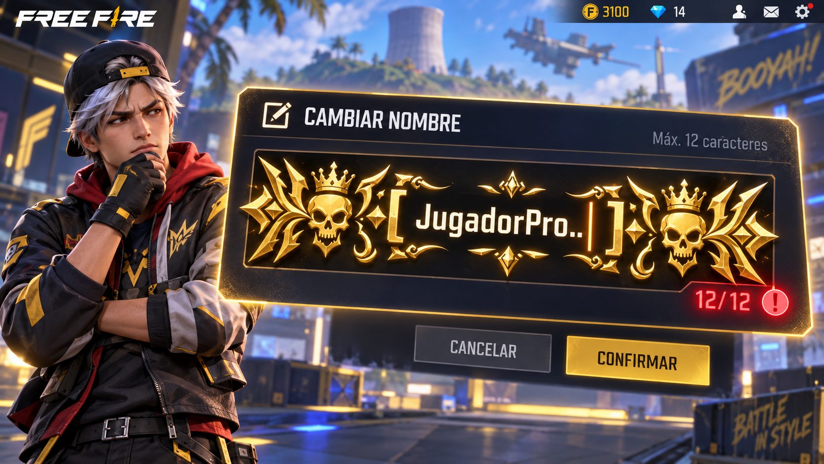 Campo de nombre de Free Fire con un marco dorado que corta el texto