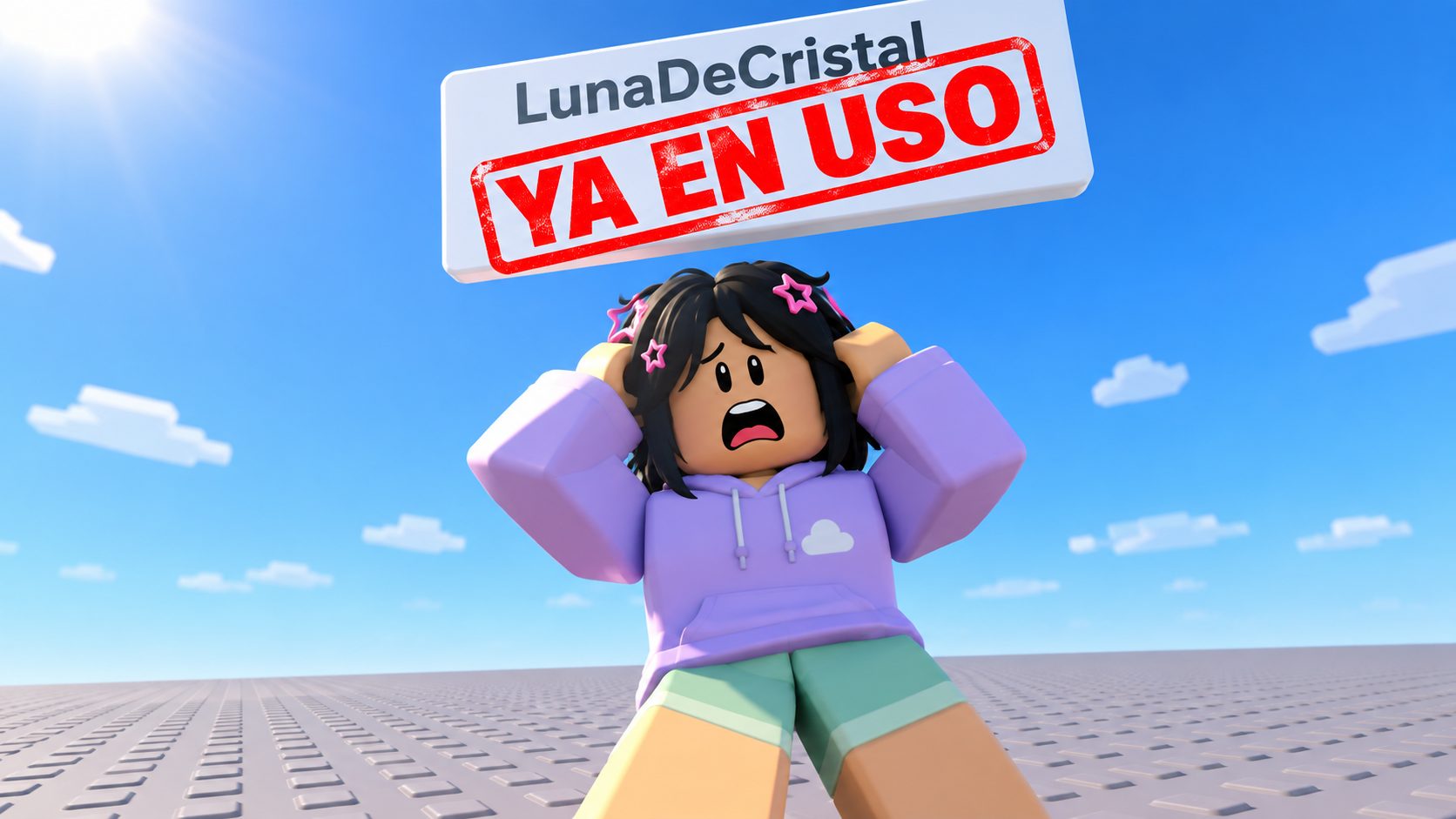Avatar de Roblox sorprendido bajo el nombre LunaDeCristal tachado con un sello rojo de ya en uso