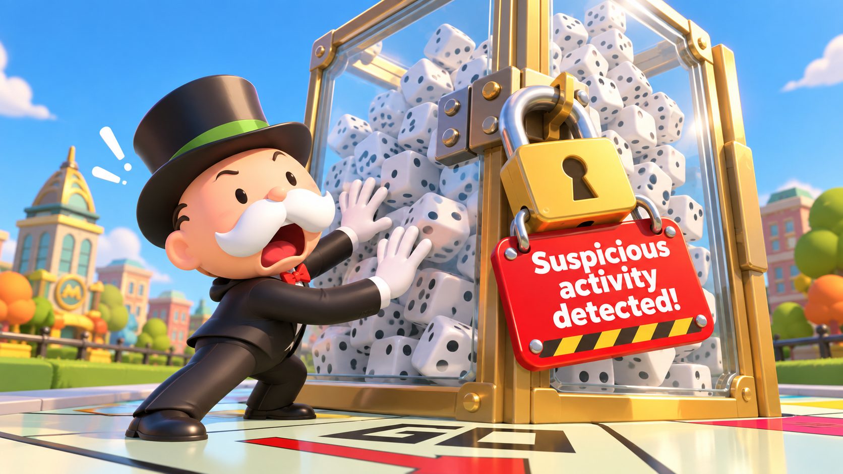 Mr. Monopoly ante una vitrina de dados de Monopoly GO cerrada con candado y un cartel de actividad sospechosa