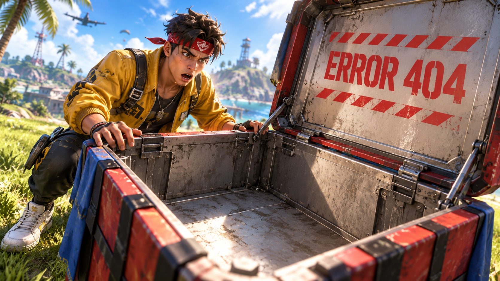 Superviviente de Free Fire junto a una caja de suministros vacía con el aviso ERROR 404