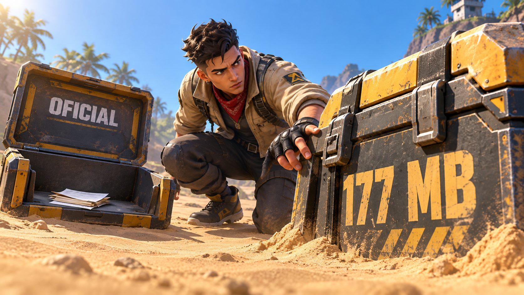 Superviviente de Free Fire entre una caja marcada como oficial y otra cerrada con el rótulo 177 MB