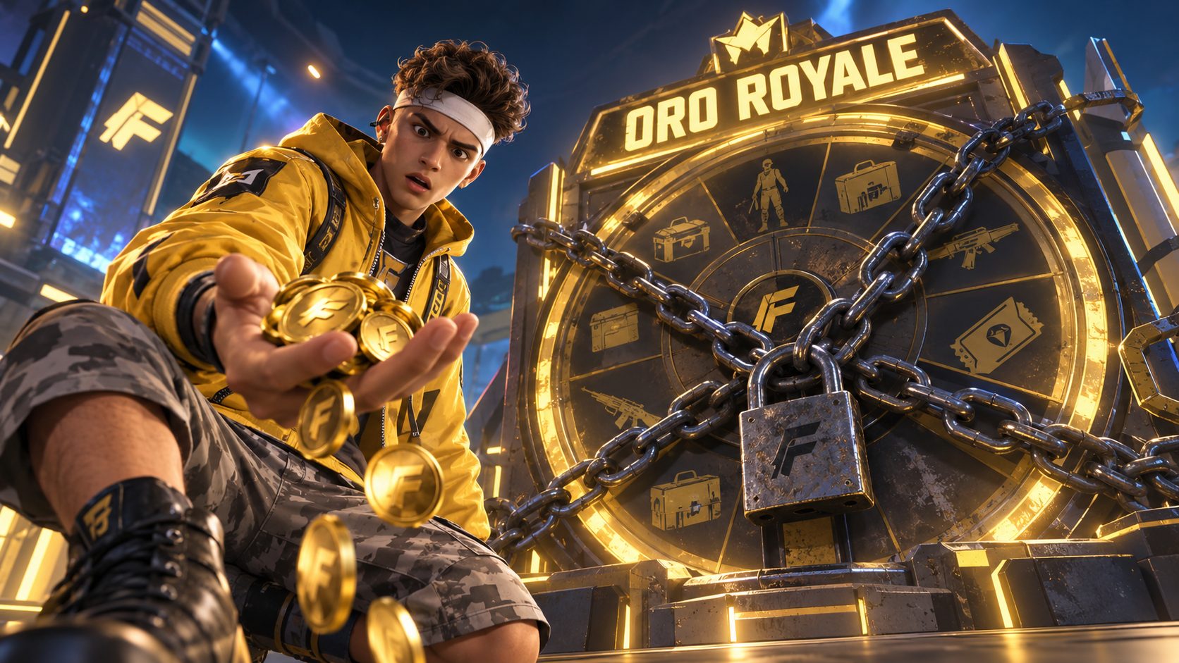 Ruleta dorada del Oro Royale de Free Fire encadenada y un superviviente con monedas de oro