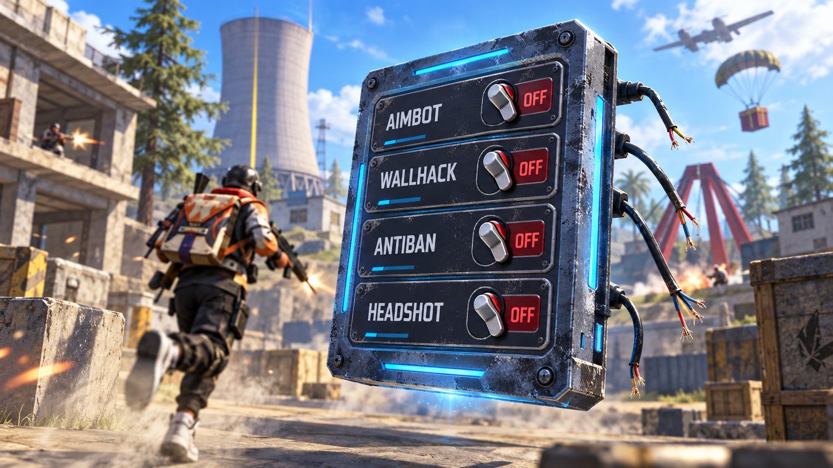 Panel de interruptores flotante con los cables sueltos sobre una partida de Free Fire