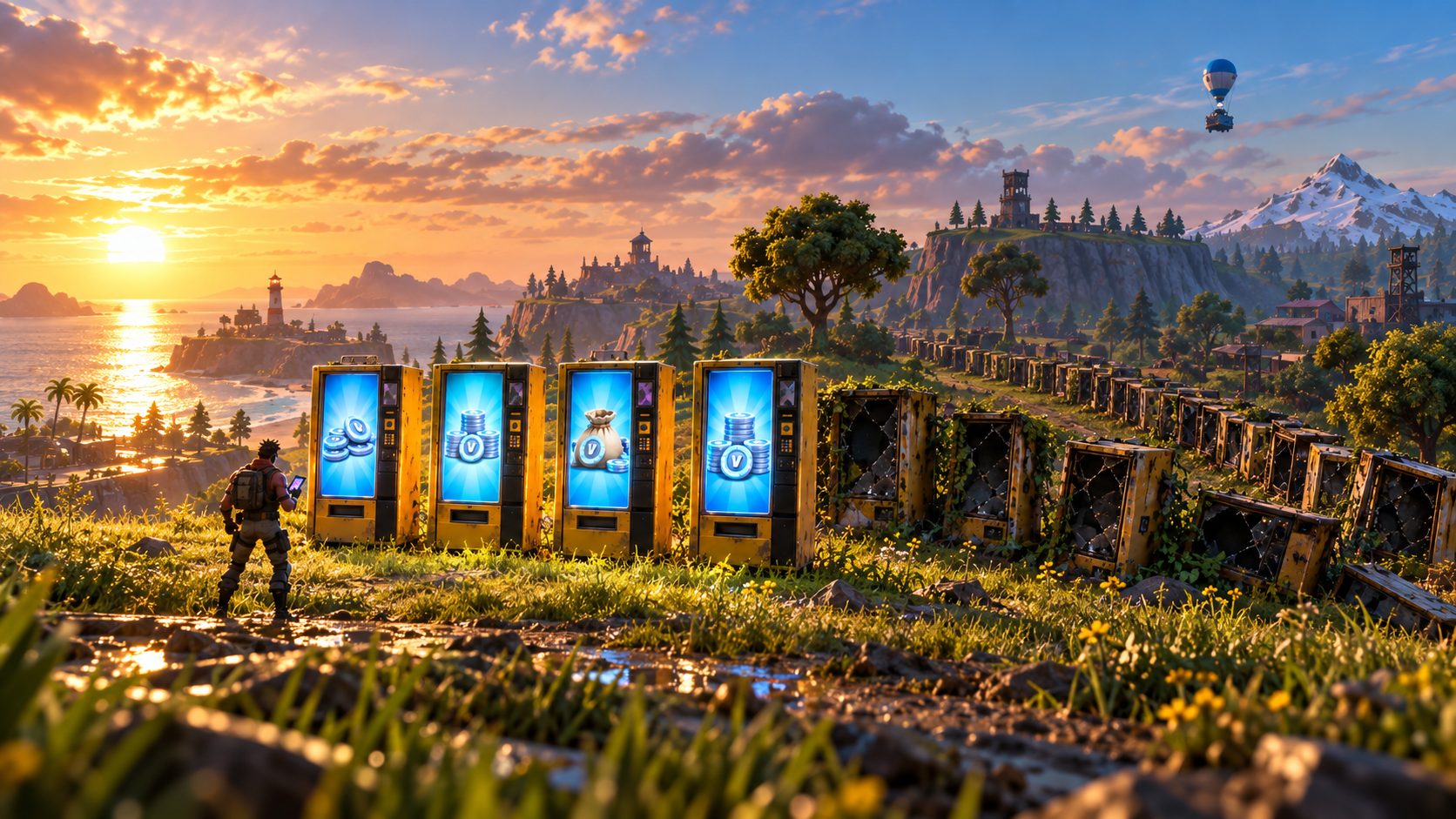 Cuatro máquinas expendedoras encendidas con monedas de pavos en Fortnite y una fila de máquinas rotas detrás