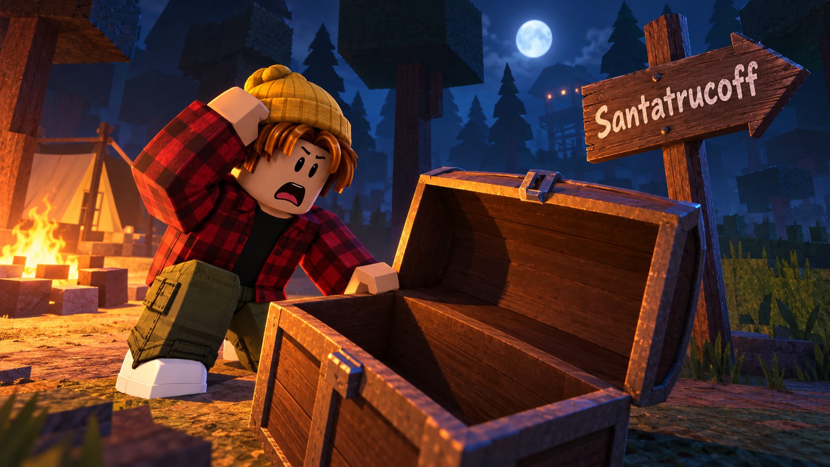 Avatar de Roblox ante un cofre vacío en el bosque de 99 Noches con un cartel que señala a Santatrucoff