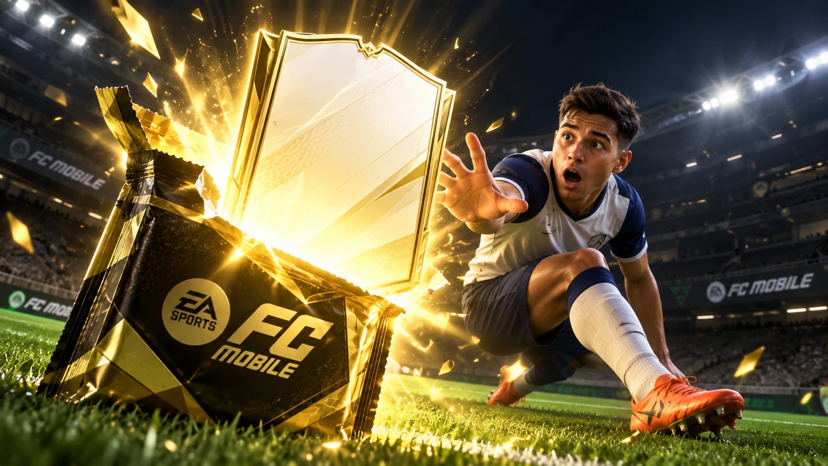 Sobre dorado de FC Mobile abierto en un estadio del que sale una carta en blanco ante un futbolista sorprendido