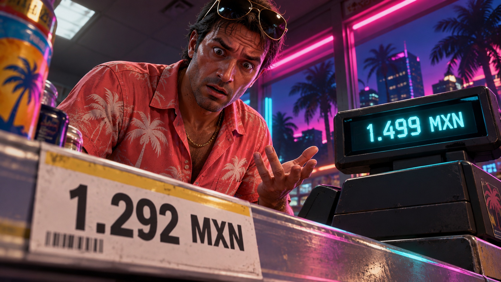 Etiqueta de 1.292 MXN y caja registradora con 1.499 MXN en una tienda de Vice City al estilo de GTA 6