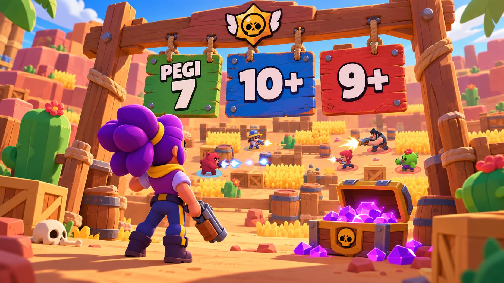 Shelly de Brawl Stars frente a un cartel con las edades PEGI 7, 10+ y 9+