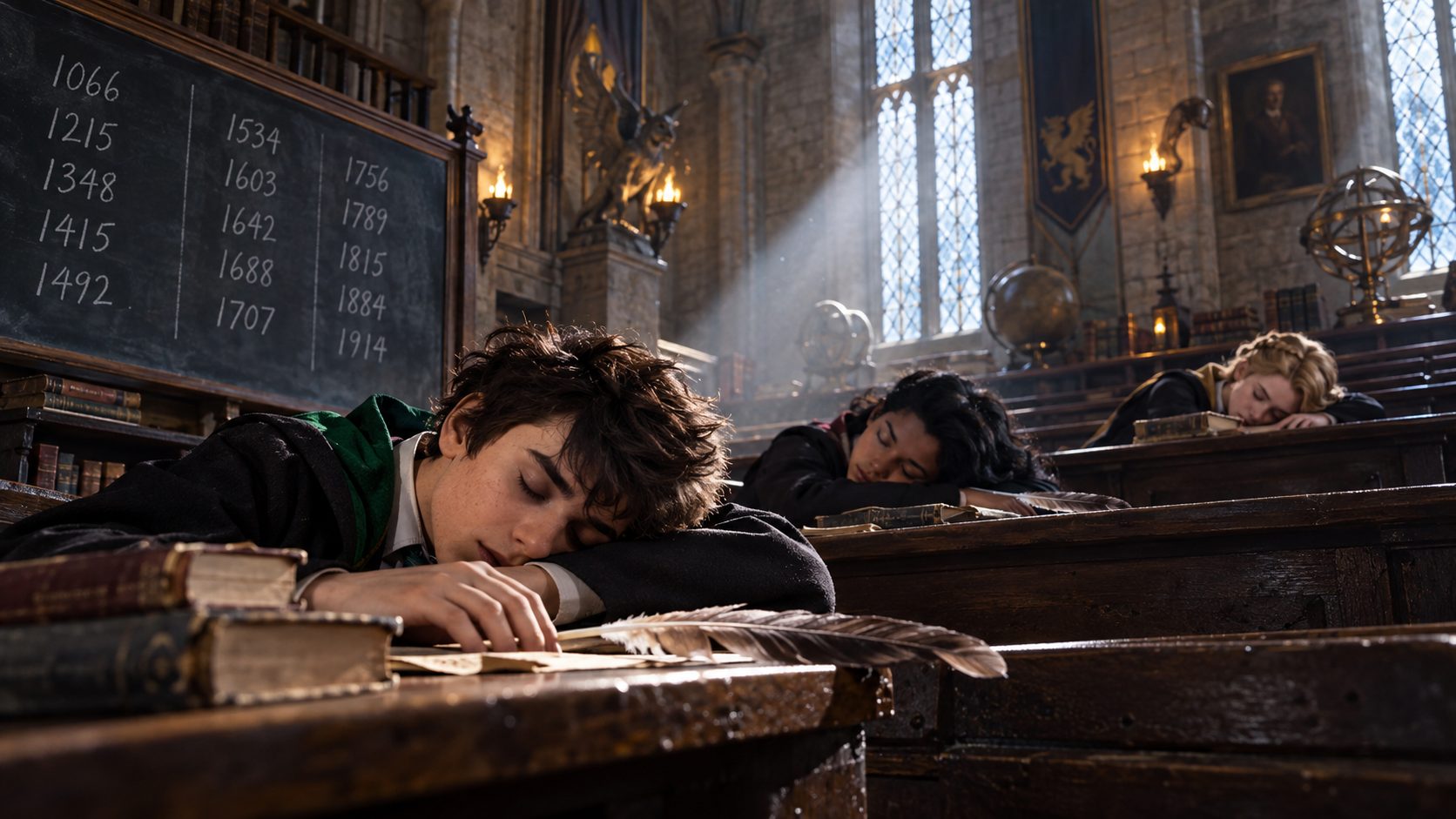 Aula de Historia de la Magia de Hogwarts con alumnos dormidos sobre los pupitres