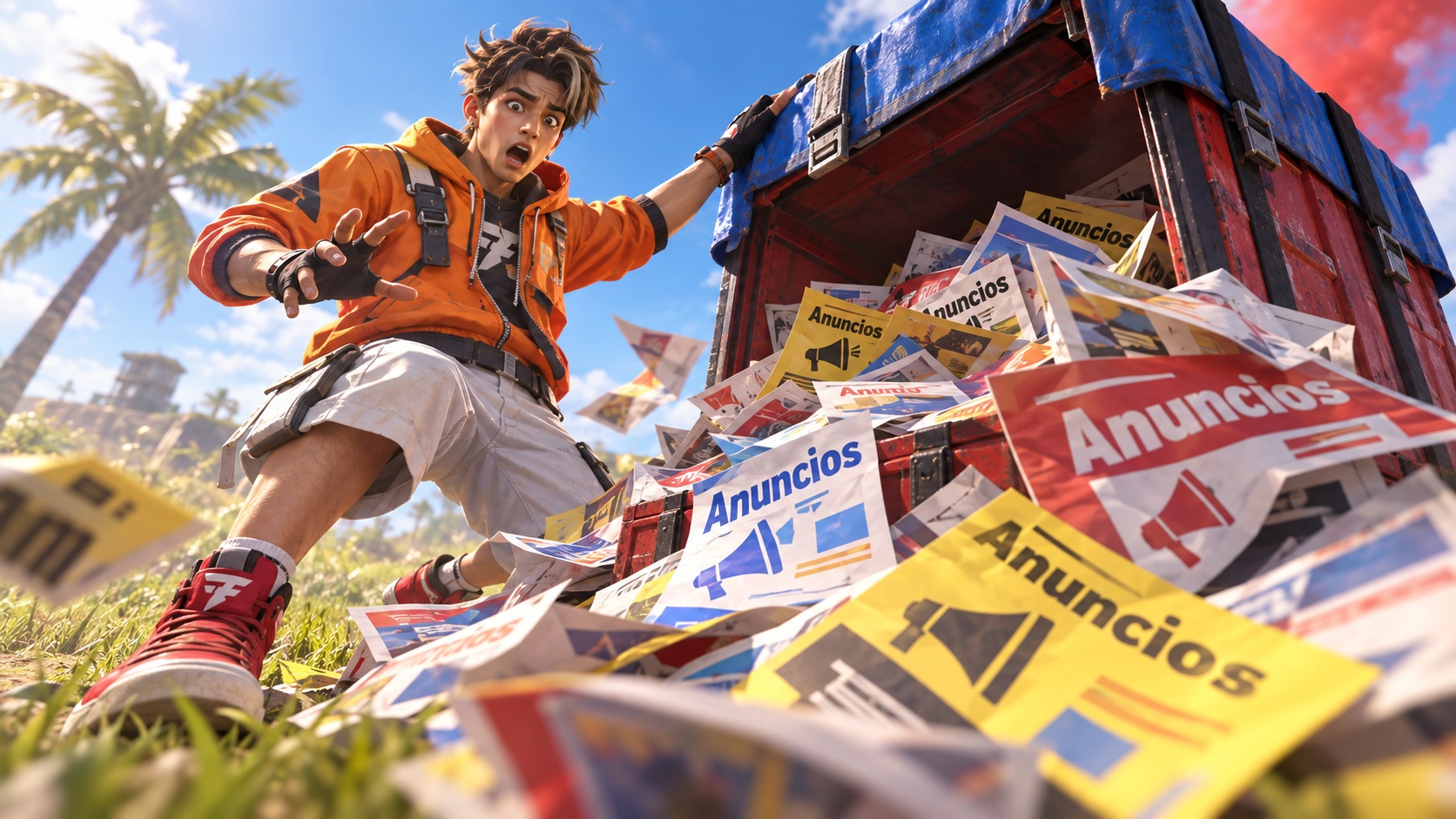 Superviviente de Free Fire sorprendido ante una caja de suministros llena de carteles de anuncios en vez de diamantes