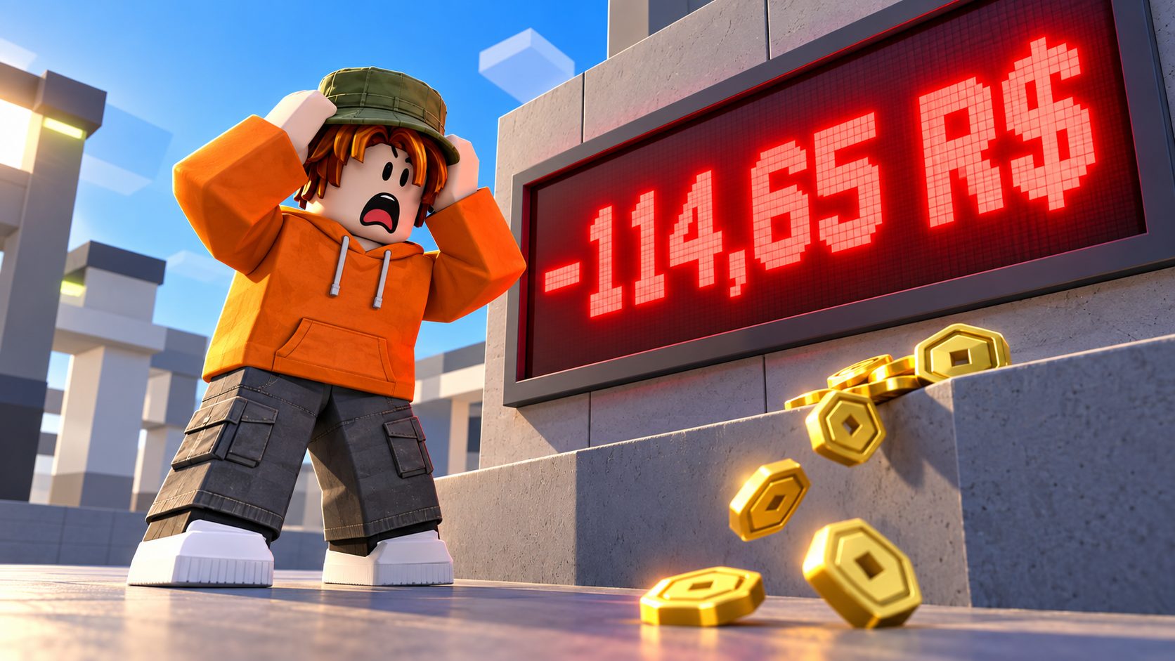 Avatar de Roblox sorprendido ante un marcador rojo que marca -114,65 R$ de RbxBest