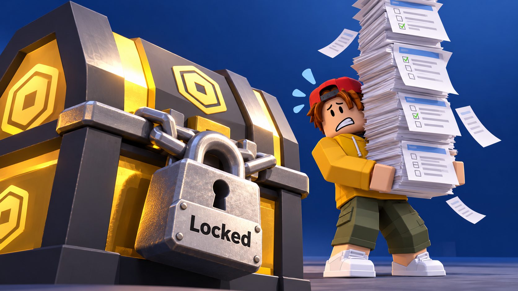 Avatar de Roblox cargado de encuestas frente a un cofre cerrado con un candado «Locked»