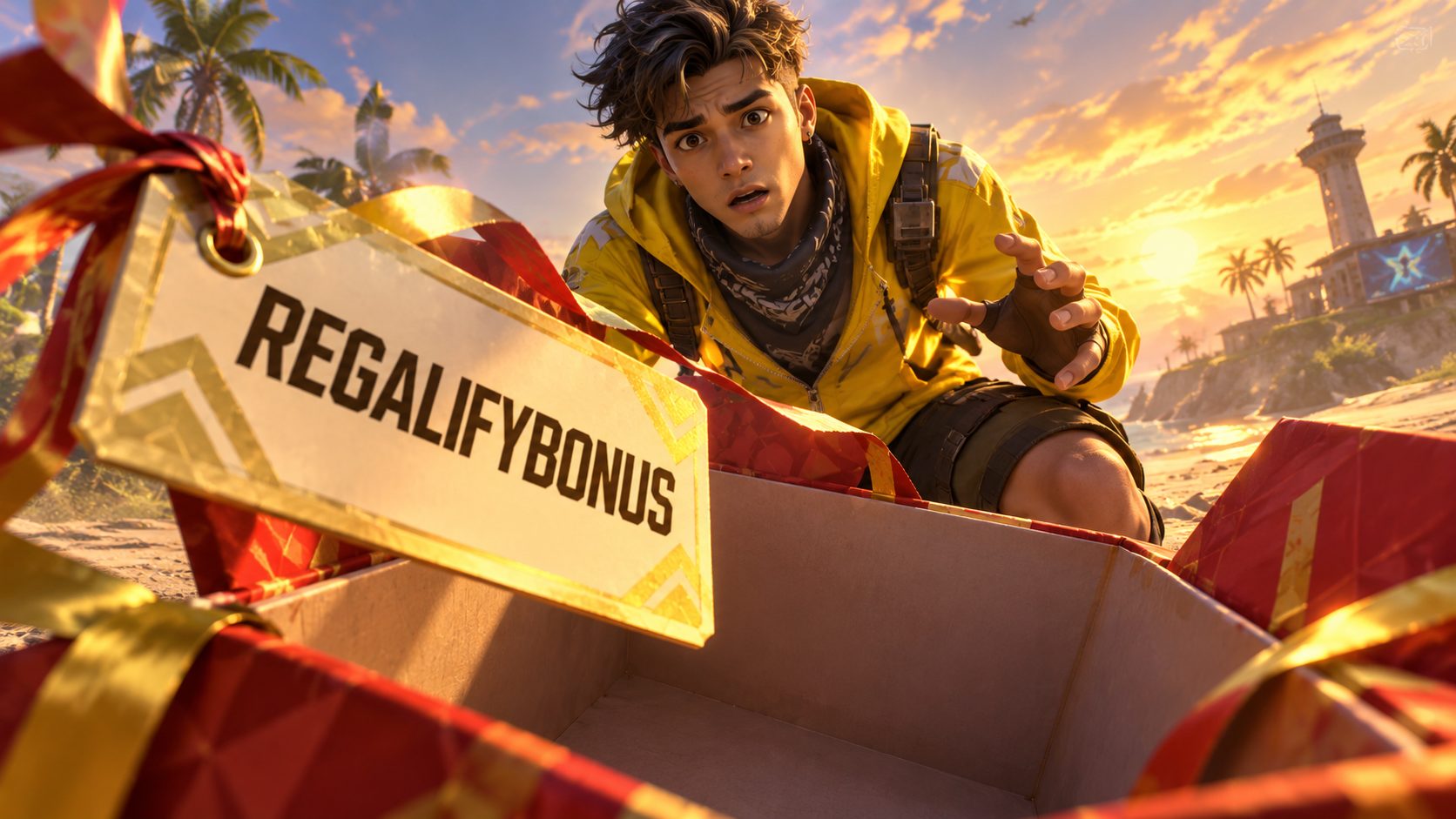 Superviviente de Free Fire mirando una caja de regalo vacía con la etiqueta REGALIFYBONUS