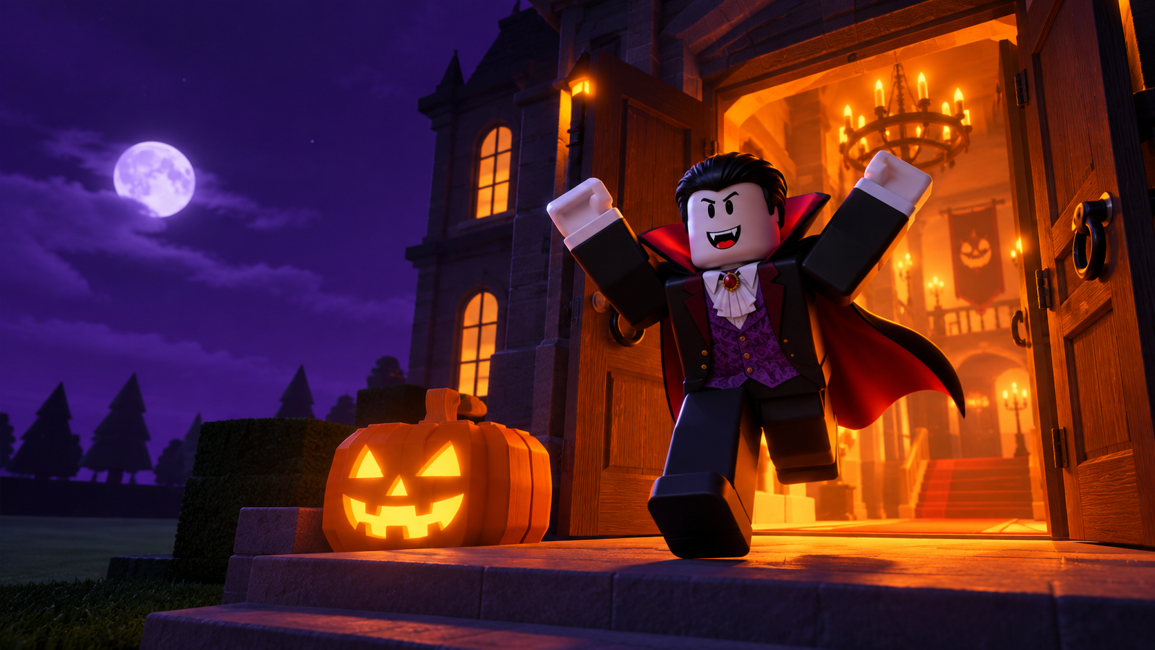 Avatar de Roblox disfrazado de vampiro saliendo de una mansión encantada en Halloween