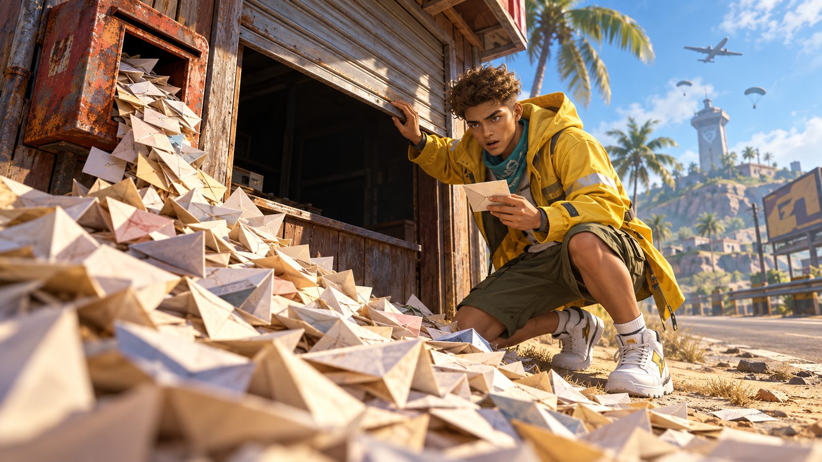 Superviviente de Free Fire junto a un buzón desbordado de notas frente a un quiosco cerrado y vacío
