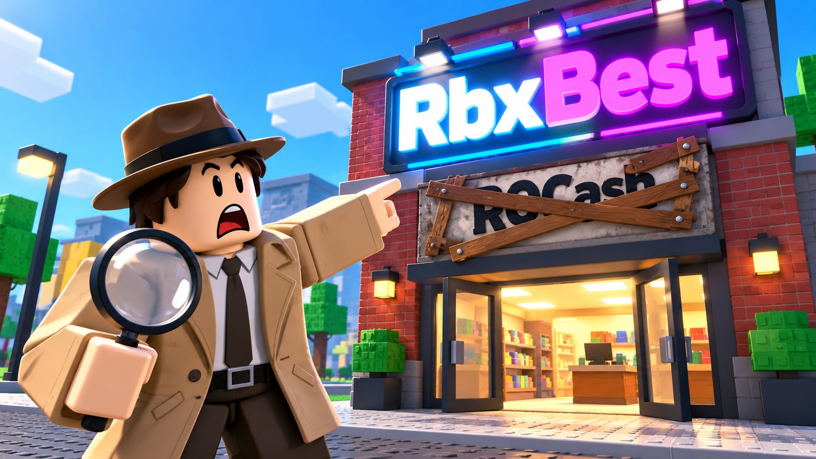 Avatar de Roblox señala el cartel tapiado de RoCash y el cartel encendido de RbxBest en el mismo edificio