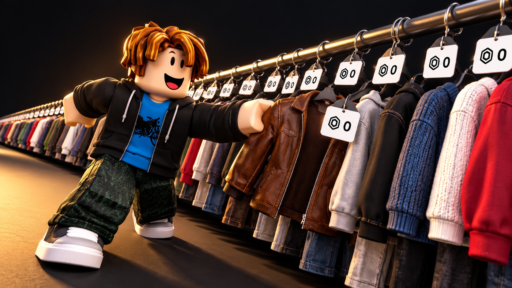 Avatar de Roblox cogiendo una chaqueta de cuero de un perchero de ropa gratis con etiquetas a 0 Robux