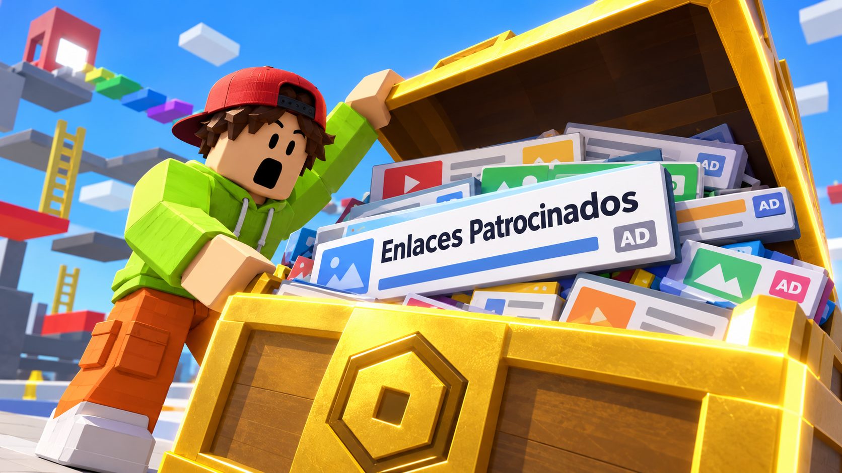 Avatar de Roblox sorprendido ante un cofre de Robux lleno de anuncios de SamyTropa