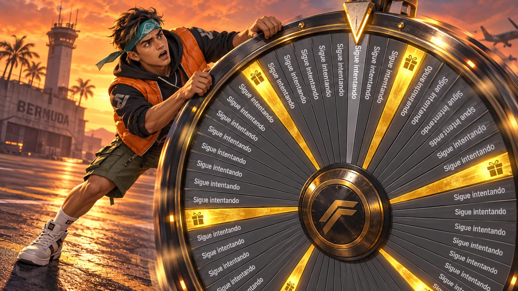 Superviviente de Free Fire frente a una ruleta gigante de Santa Premios casi toda con «Sigue intentando»