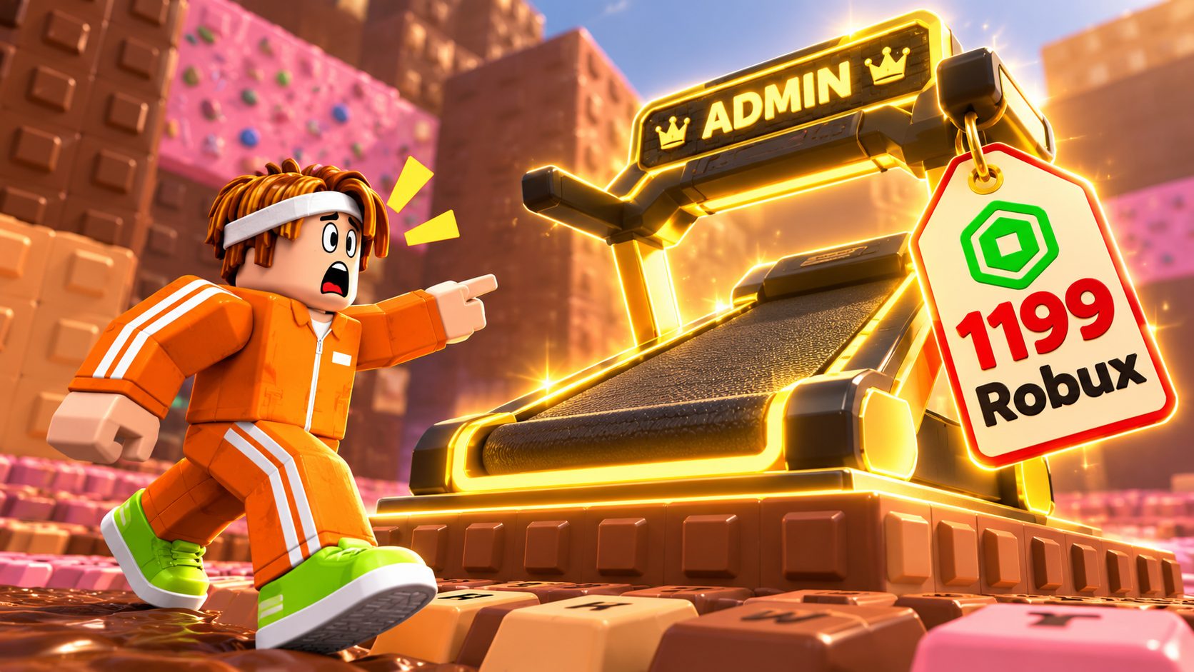 Avatar de Roblox con chándal naranja señalando la Caminadora Admin de +1 Speed Keyboard Escape y su precio de 1199 Robux