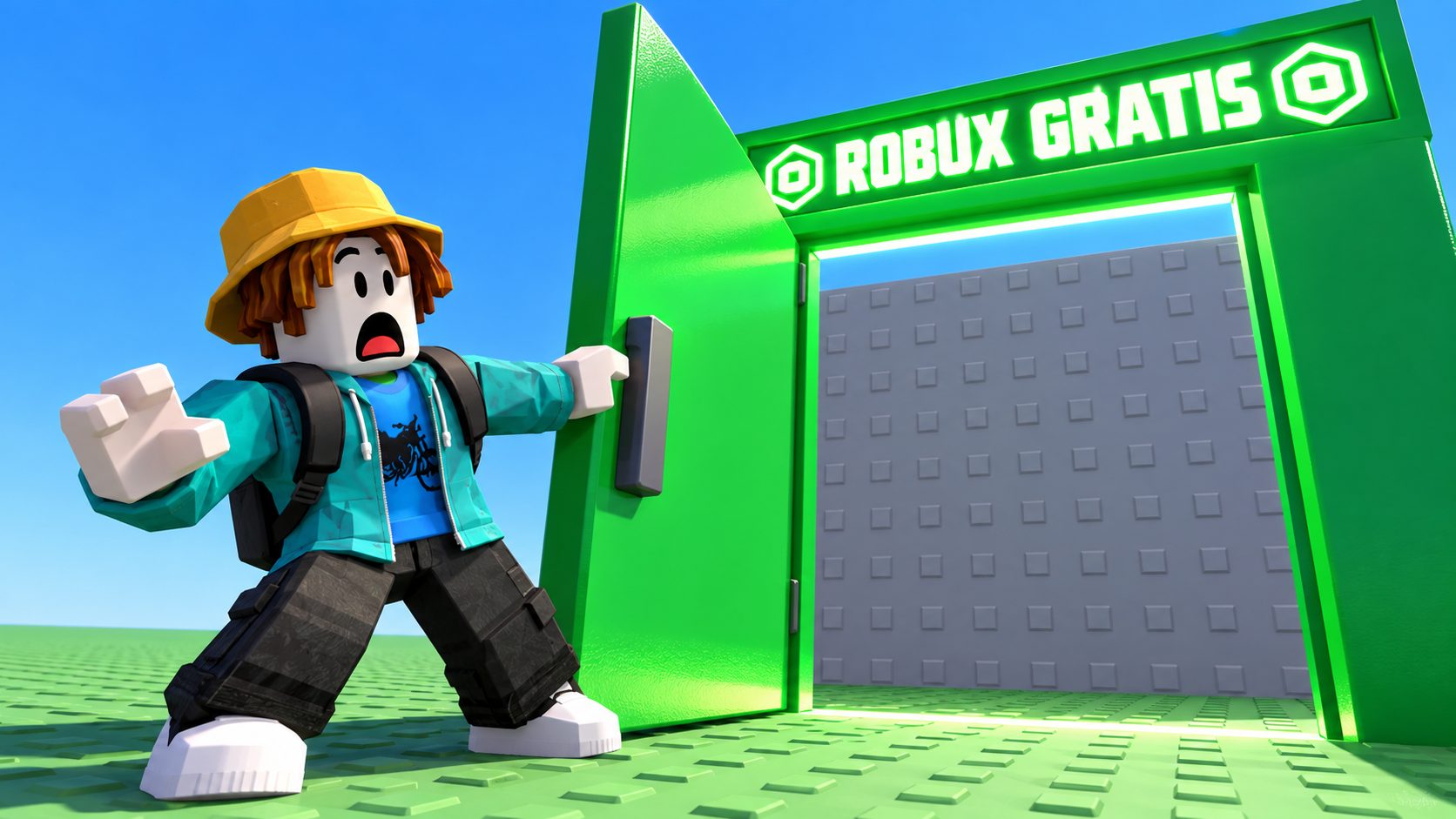 Avatar de Roblox abriendo una puerta con el cartel ROBUX GRATIS que da a una pared lisa