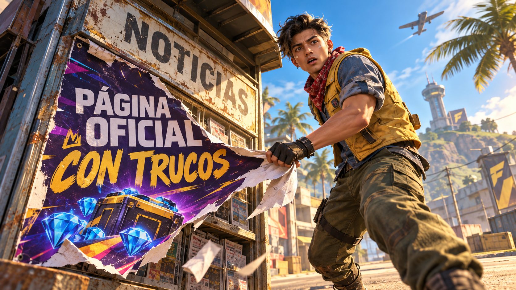 Superviviente de Free Fire arranca un cartel de trucos de un quiosco con el letrero Noticias