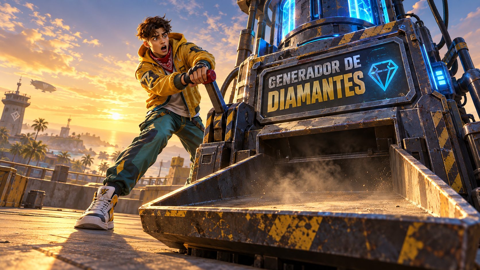 Superviviente de Free Fire tirando de la palanca de una máquina con el cartel Generador de diamantes y la bandeja vacía