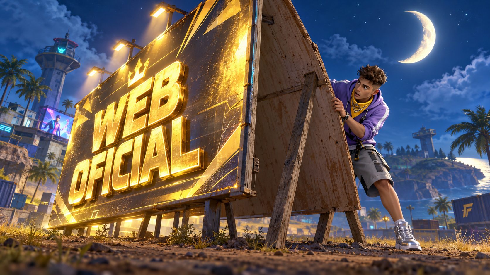 Superviviente de Free Fire descubre que el cartel dorado de «WEB OFICIAL» es una tabla sujeta con palos bajo la luna