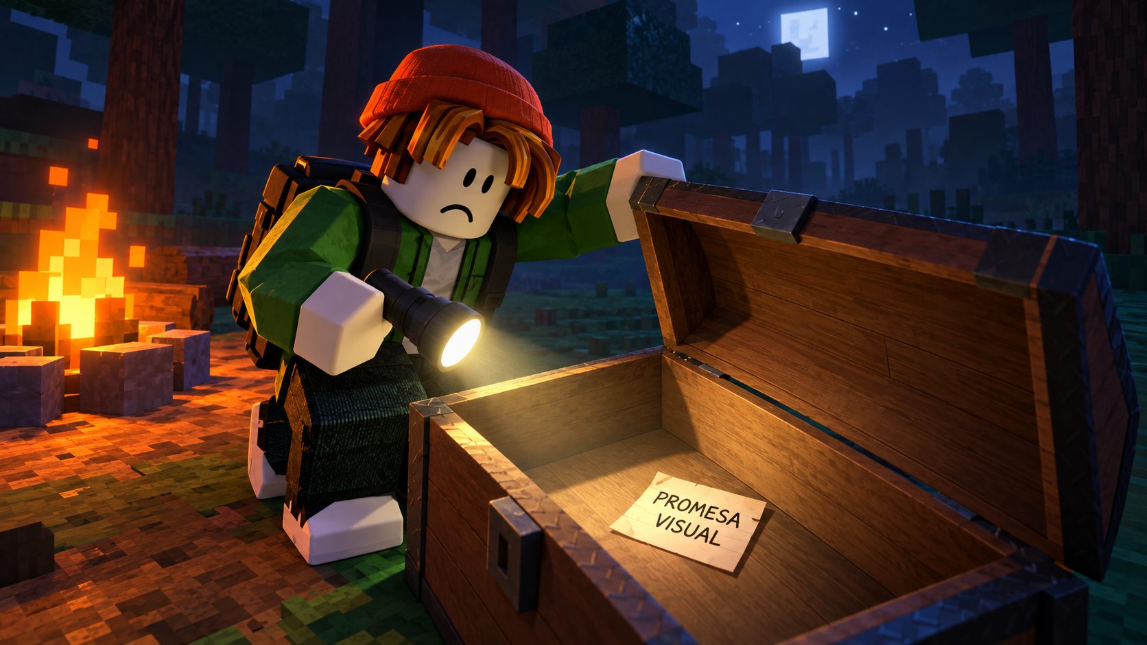 Avatar de Roblox abre un cofre vacío en 99 Noches en el Bosque con una nota que dice promesa visual